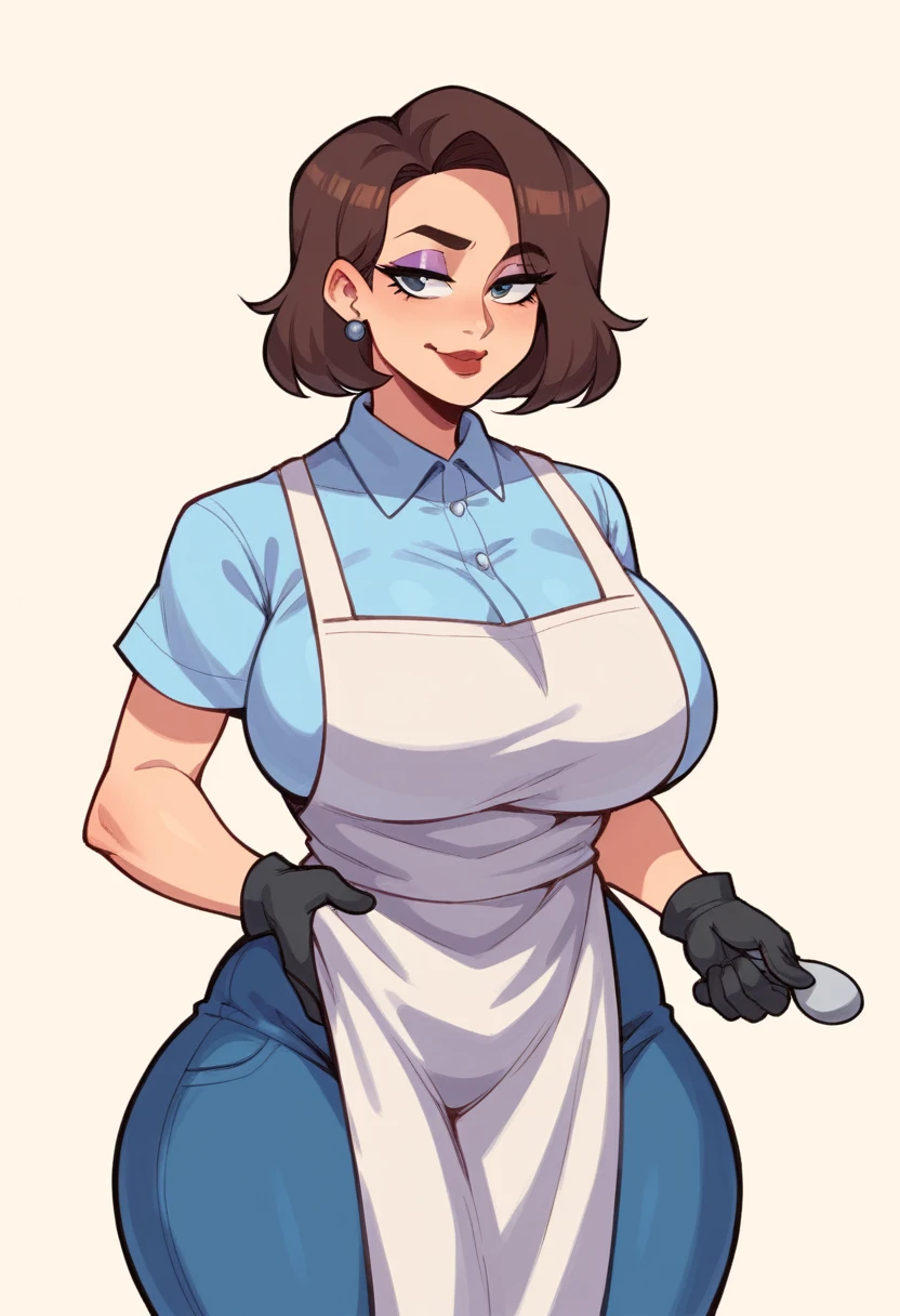 score_9, score_8_up, score_7_up, BREAK, 1girl, solo, breasts,  dextersmom, makeup, jewelry, gloves, shirt, apron, upper body, portrait, mature female, simple background, thick thighs, wide hips, big ass, showing buttcrack slightly, showing big butt,