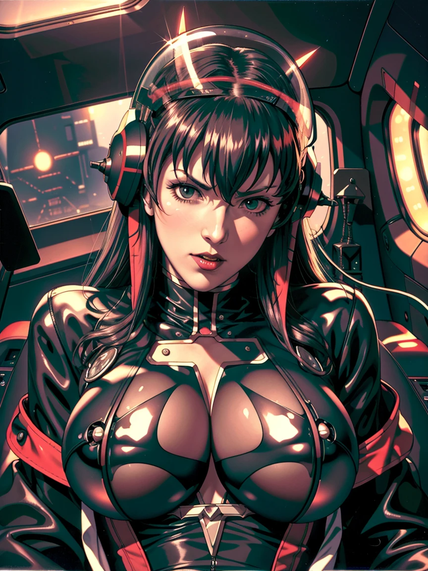 ((gothic vampire piloting in gothic spacecraft)), (((retro anime))), ((from below)), ((100 fov)), ((((gothic)) control panels)), (((mature))), (((gothic))), iridescent bodysuit, ((lace accessories)), ((pilot seat)), ((((lying back)) pose)), ((elegant)), (((serious tone))), ((cockpit top control panel)), intricate control panel details, (close-up), 1990s (style), masterpiece, ((claustrophobic)), best quality, screens, ((pilot helmet)), night, (colorful cockpit lights), sparkles, (dramatic lighting), [blushing], [sweat]