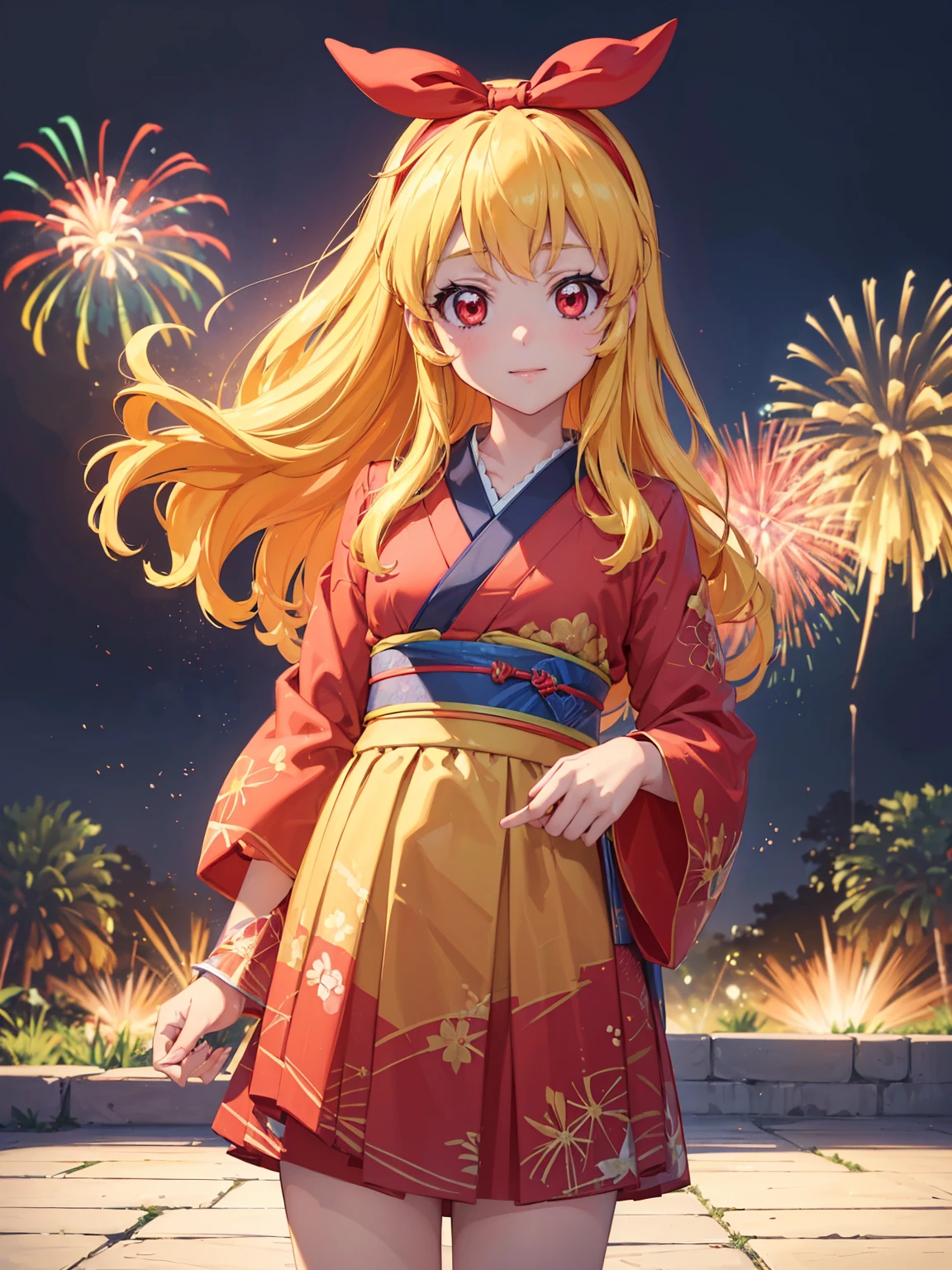 (masterpiece, best quality, highly detailed, ultra detailed, high resolution, absurdres, 4K, 8K:1.2), (official art, incredibly fine illustration, extremely detailed CG, detailed background, cinematic lighting, dynamic angle, perfect hands, detailed shiny skin, detailed hair, detailed eyes)(extremely awesome detailed pretty face,beauty face)(extremely detailed)(Three-dimensional depiction)
BREAK,(RED Ribbon on HAIRband:1.2),aikatsu,hosimiya ichigo,anime girl in kimono standing in front of fireworks, 1girl, fireworks, solo, japanese clothes, Blonde hair, , kimono, RED eyes, looking at viewer