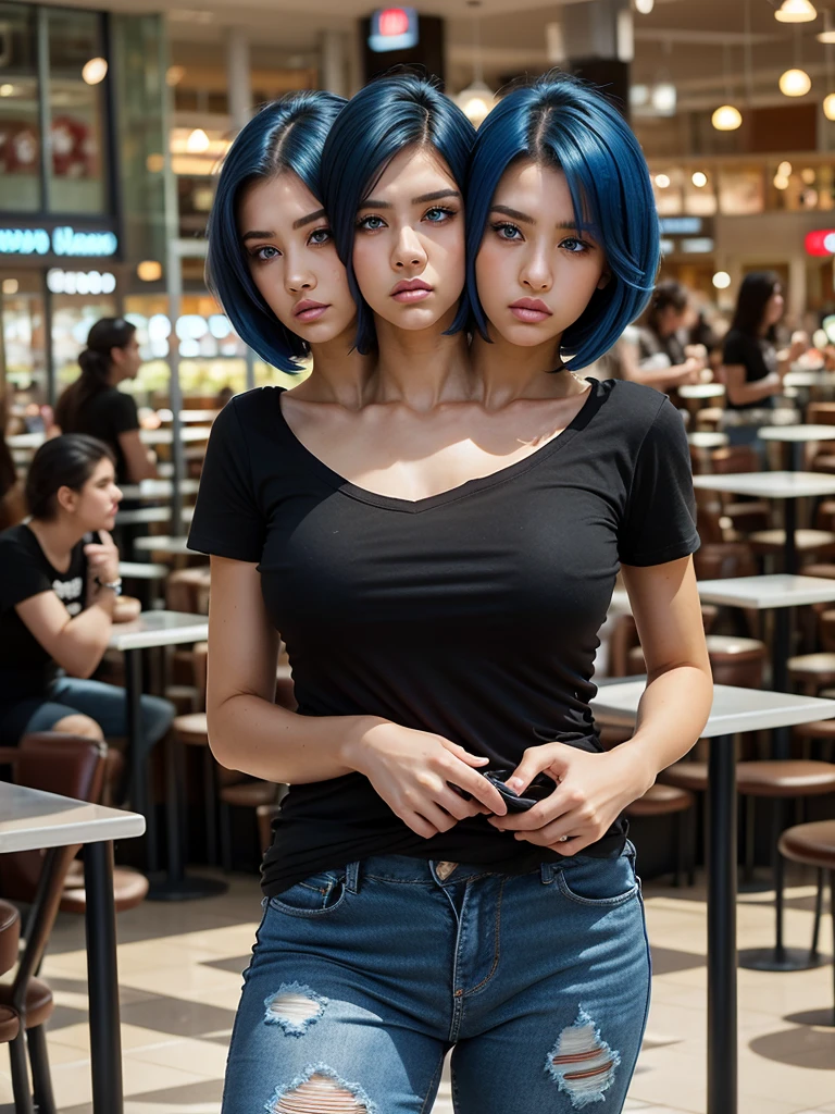 (conjoined_dicephalus), (2heads), 20-year-old white girl with two heads, extremely short blue hair, blue eyes, wearing a black v-neck t-shirt, ripped jeans, standing in a mall food court, annoyed