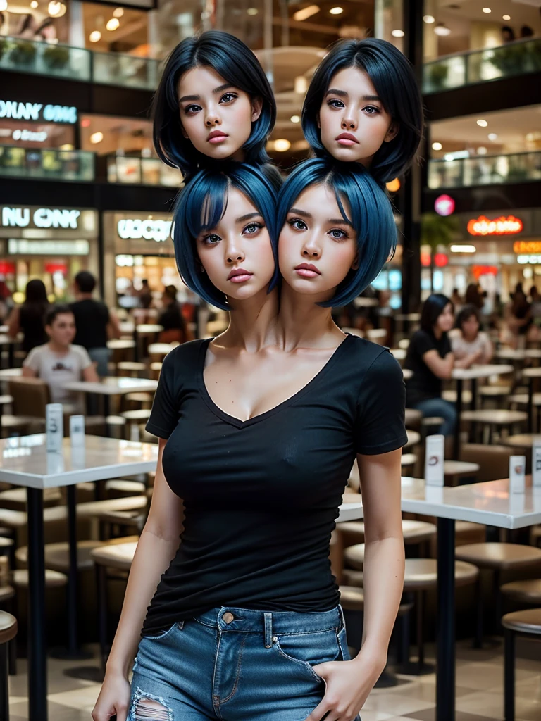 (conjoined_dicephalus), (2heads), 20-year-old white girl with two heads, extremely short blue hair, blue eyes, wearing a black v-neck t-shirt, ripped jeans, standing in a mall food court, annoyed