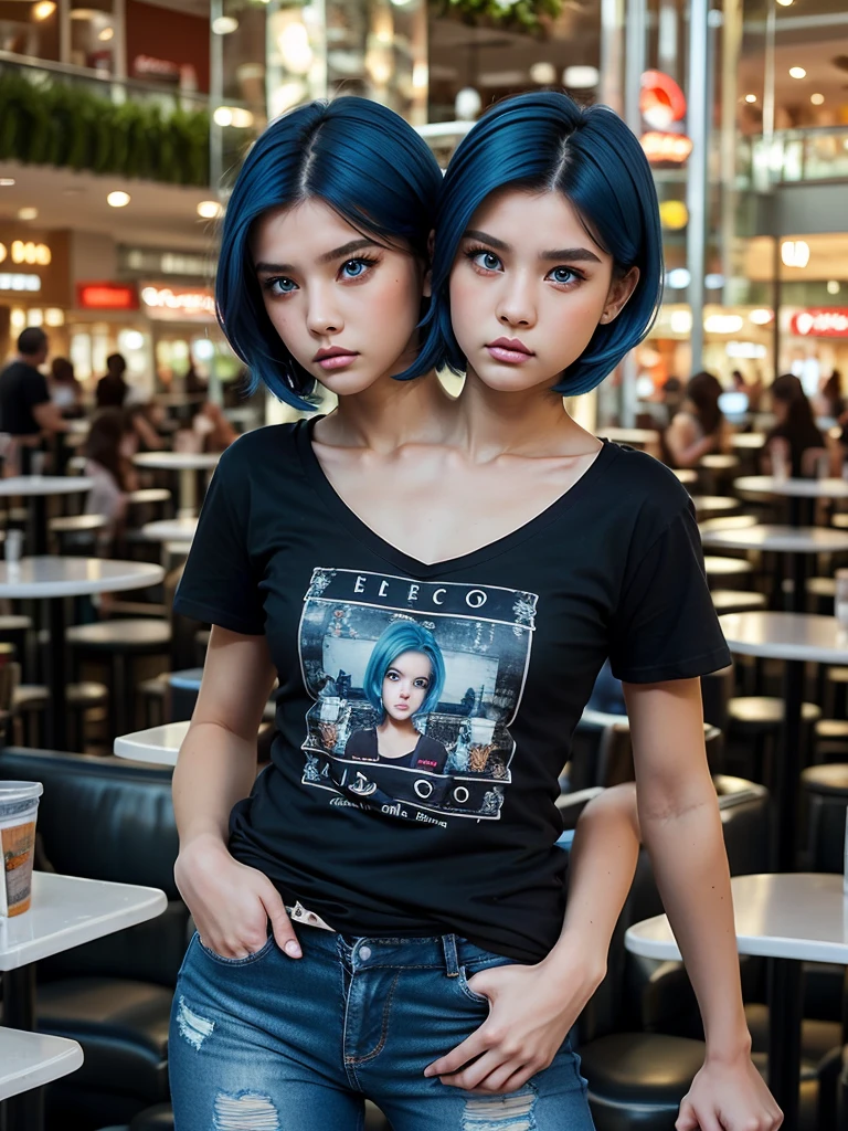 (conjoined_dicephalus), (2heads), 20-year-old white girl with two heads, extremely short blue hair, blue eyes, wearing a black v-neck t-shirt, ripped jeans, standing in a mall food court, annoyed