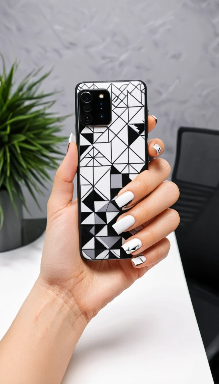 a cinematic , realistic  woman's hand holding a sleek smartphone, with modern geometric floral nail art. The nails are painted in black and white, with geometric shapes like triangles and squares incorporated into delicate floral designs. The background is a sleek, minimalist office space with clean lines and modern décor, contrasting with the bold nail art.