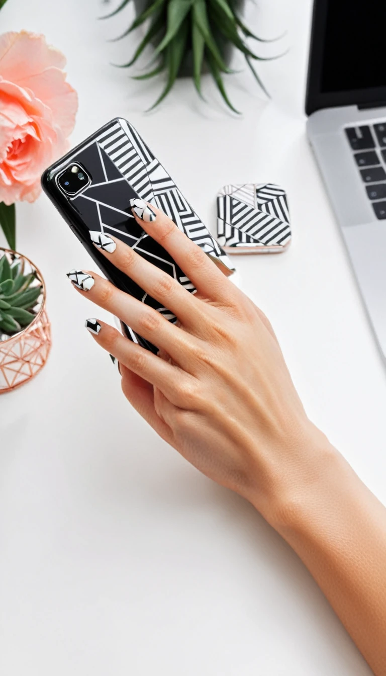 a cinematic , realistic woman's hand holding a sleek smartphone, with modern geometric floral nail art. The nails are painted in black and white, with geometric shapes like triangles and squares incorporated into delicate floral designs. The background is a sleek, minimalist office space with clean lines and modern décor, contrasting with the bold nail art.