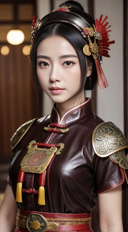 Front view, ancient Chinese girl, 2 century, looking at camera, beautiful Chinese Young General, 26 years old, (Highly detailed face, Ordinary eyes, Tapered eyebrows, Black eye, Variegated eyes, Fuller lips, little Lips, Silas),(middle breasts, middle hip), (ancient Chinese costume, Red decoration leather armor, chain inner clothes, ancient Chinese decoration leather helmet ), (holding a ancient Chinese Sword), standing pose, on ground, on filed, sunset ,(masterpiece, Highest quality, masterpiece, God-like quality, Godly art, , Very realistic)