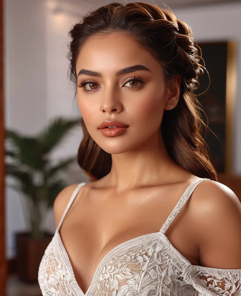 (best quality,4k,highres,masterpiece:1.2),ultra-detailed,(realistic:1.37),(beautiful:1.1) brown-eyed woman with long braid hair and a medium stature, wearing casual and sexy clothes, standing gracefully in a well-lit living room. The room is furnished with modern and elegant furniture, giving a luxurious atmosphere. The woman's beautiful face is detailed, with captivating eyes that shine with brown color. Her lips are full and luscious, adding to her sensual appeal. She exudes confidence and elegance as she poses, showcasing her entire body. The lighting in the room highlights her beautiful brown skin, giving it a warm and radiant glow. The overall scene has vivid colors and sharp focus, creating a realistic and photorealistic image.wearing sexy dress, glossy lips, nude, showing