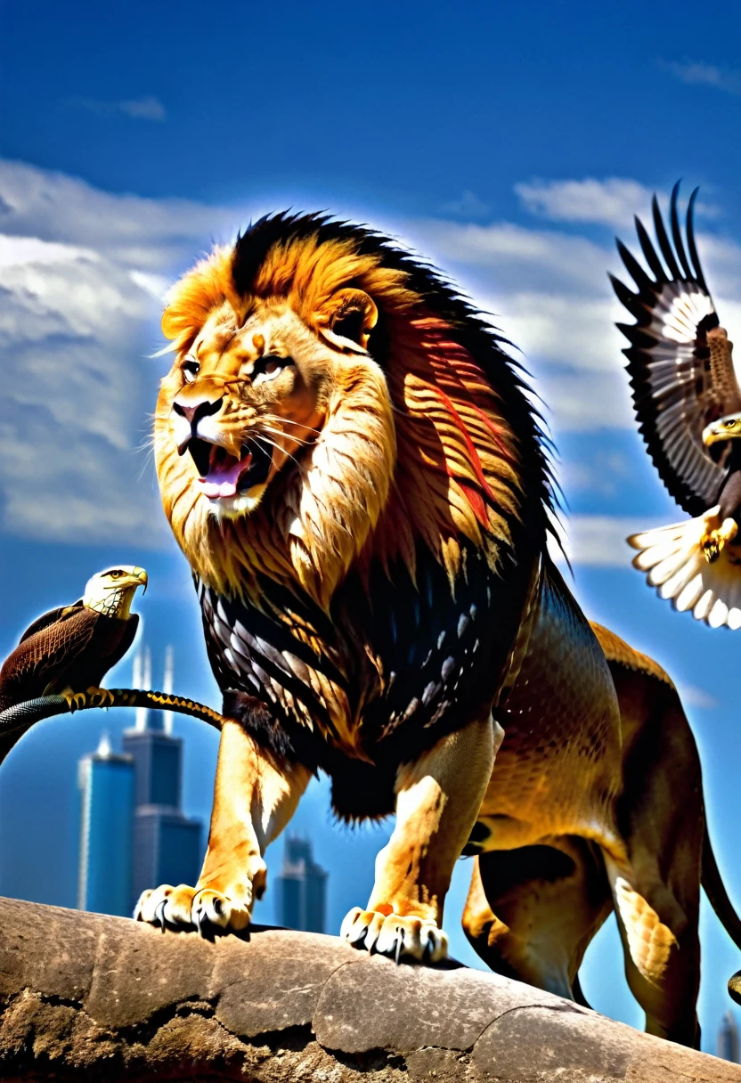 A MALE MUSCULAR LION WITH FULL MANE ROARING. A LION POSING WITH A EAGLE ON ITS LEFT SHOULDER AND A KING COBRA SNAKE WRAPPED AROUND ITS RIGHT PAW STRIKING TOWARDS THE CAMERA WITH THE CHICAGO SKYLINE IN THE BACKGROUND. RED AND BLACK COLORED BACK GROUND. HD. LION HOLDING SNAKE WITH EAGLE ON SHOULDER. SNAKE, LION, AND EAGLE ALL FACING FRONT. COBRA IN LIONS CLUTCTH