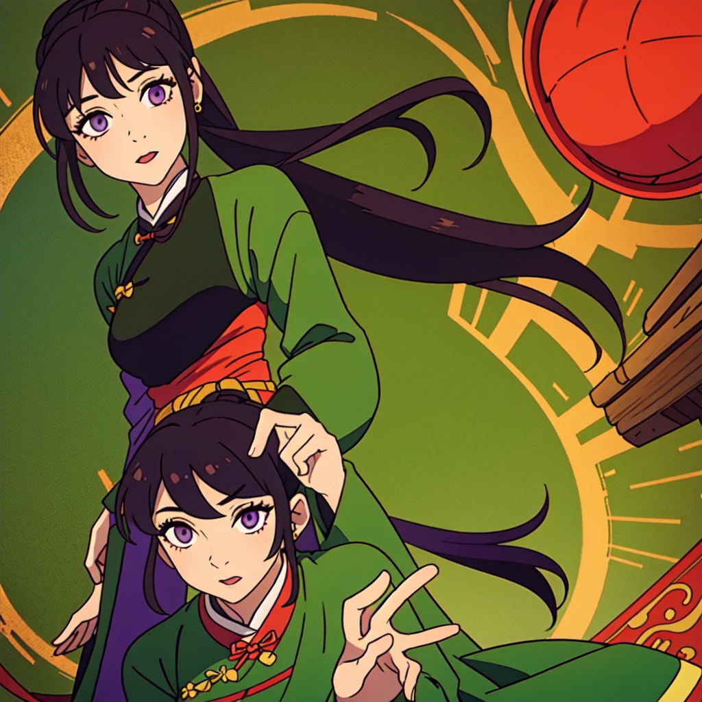 ( Best Quality, ancient china, A girl, opaque green chinese long dress), long hair tied in two tomatoes, black hair, purple eyes
