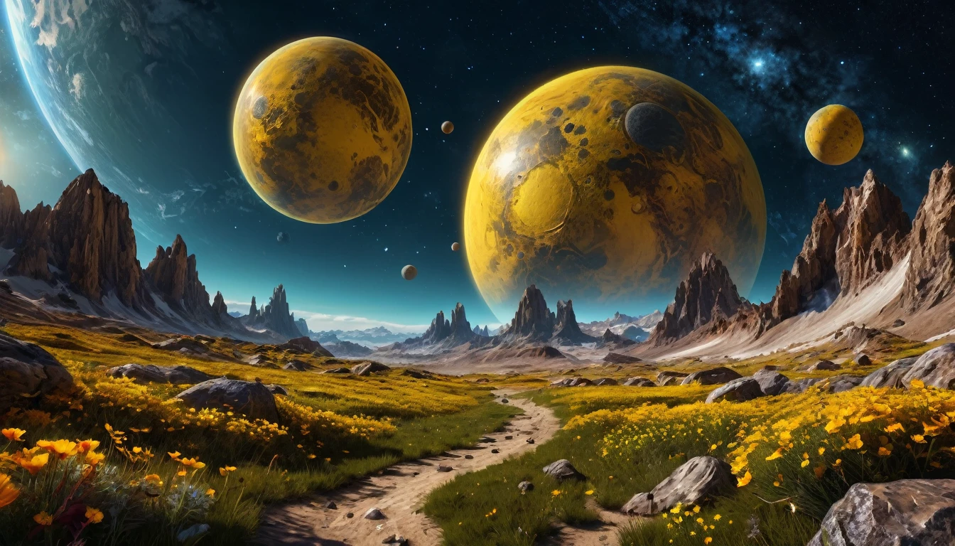 Beautiful space with mysterious yellow planets, trendding on artstation, rich colourful, A detailed, complex, 16k, romanticism lain, Beautiful fantasy landscape, Realistic and natural, Cosmos Sky, Detailed full color, naturey, high-definition photography, photorealistic hyperrealistic, Elements of NASA, magical, A detailed, The sheen, ultra-realistic realism