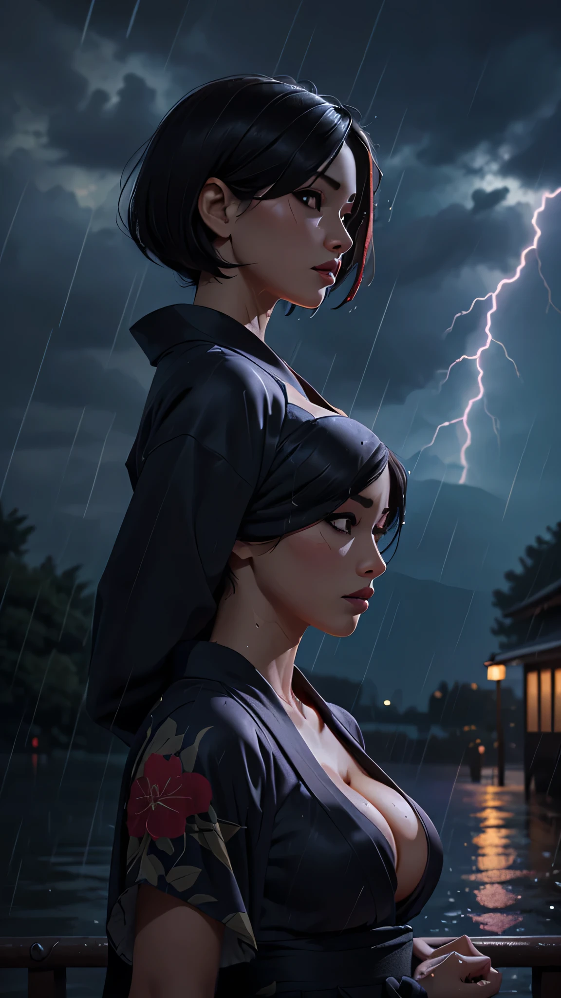 one asian girl, (ada wong:1.1), solo, slender body, (upper body, bust:1.2), black eyes, black hair, (bob haircut:1.2), (yukata, small breasts, cleavage, deep cleavage:1.3), masterpiece, highly detailed, look at viewer, (dark sky, rainy night background:1.2), (rain:1.3), (heavy rain:1.3), (water on the body:1.3), lightning in skies, lightning, (look from the back:1.3)