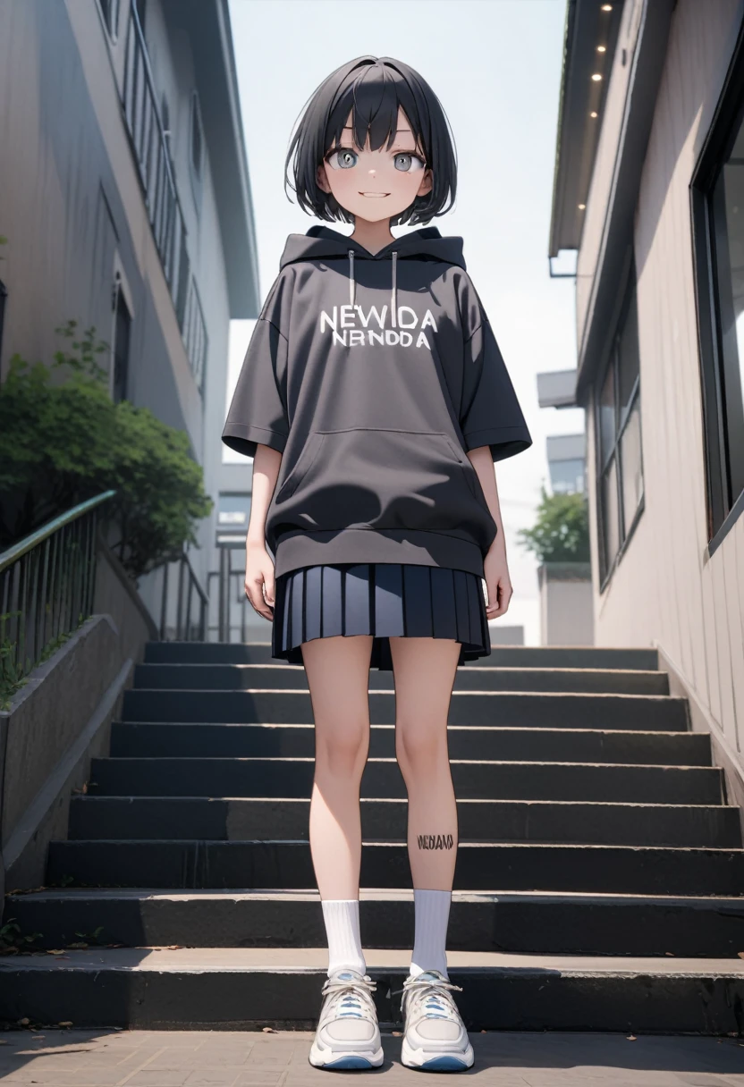 (8K, best quality, master piece: 1.2),Ultra High Resolution,11 year old beautiful girl,ultra-detailed face, detailed eyes,Tsurime Eyes,(smirk),dark gray short sleeve Hip Length hoodie(dark gray:1.4), (Written on hoodie text:"NEVADA":1.5),navy pleated skirt,white socks,sneakers,full body,black hair,short hair,(holding a Cutter knife)、(standing straight on the stairs of the apartment complex),solo,Japan Park