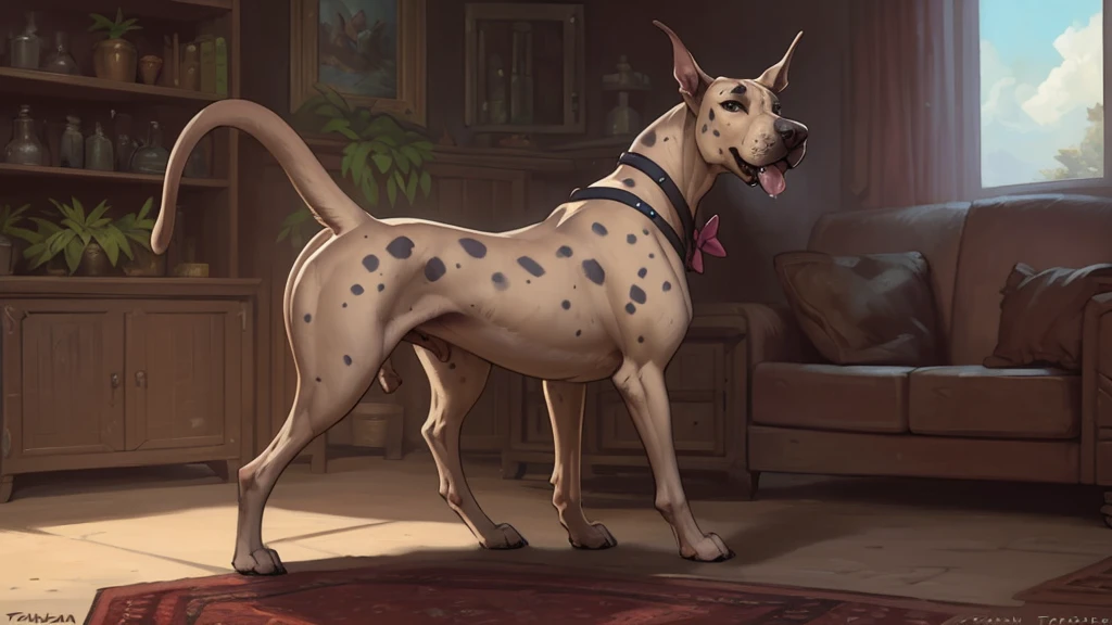 (by taran fiddler), (by halbean), feral dog, female, solo canine, alone, spotted great dane, jowls, drool, curvy, wide hips, thick thighs, presenting hindquarters, looking back at viewer, raised tail, perineum, arched back, spreading legs, bending down, play bow, panting, living room background