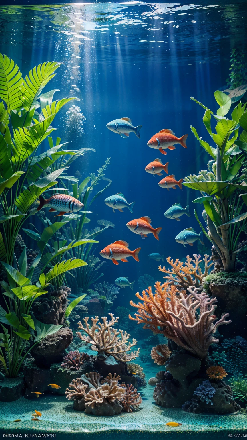 a beautiful underwater aquarium, colorful tropical fish, detailed scales, intricate fins, vibrant coral reefs, sunlight filtering through the water, lush aquatic plants, schools of fish swimming gracefully, ultra-detailed, 8k, photorealistic, masterpiece, cinematic lighting, vivid colors, stunning composition
