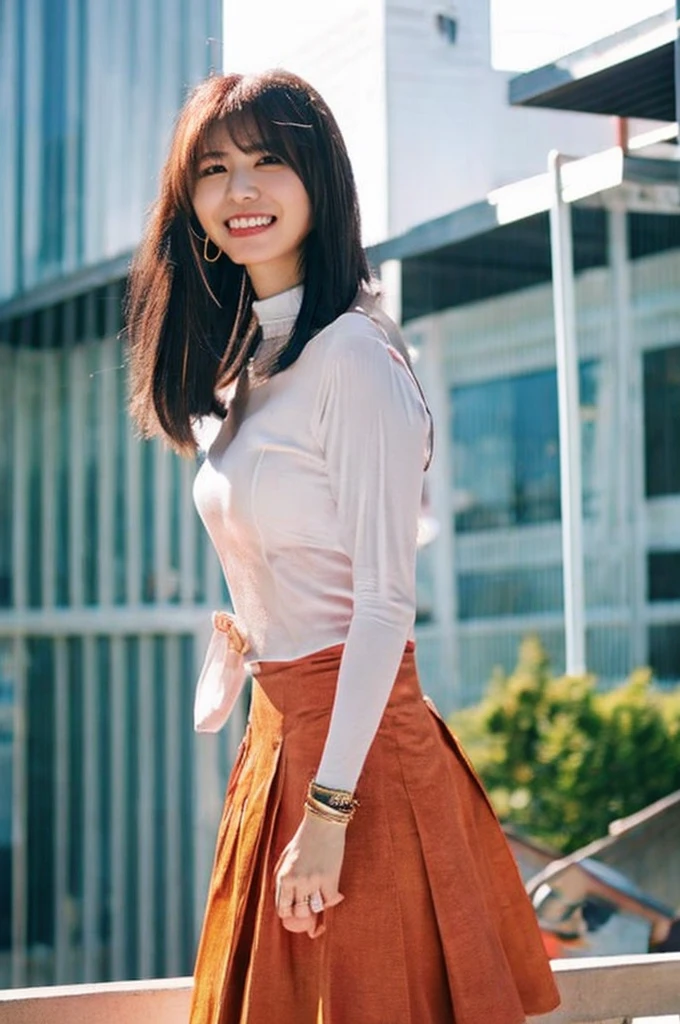 Rooftop of university building, 4th year university student, ((full body)), ((photo)), ((best qualtiy, 8K, tmasterpiece:1.3)), Focus:1.2, perfect figure beautiful girl:1.4, 1girl, cowboy shot, look at viewer, eyes facing the camera, incredibly absurd, beautiful and cute girl with a photorealistic face, showcasing top-quality craftsmanship, A Japanese girl watching the sunset on the roof of a university building, 19 years old, long, straight, silky black hair, fair skin, big eyes, thin eyebrows, double eyelids, long eyelashes, pink lips, smile, devilish smile, gorgeous features, well-defined facial features, beautiful face line, mysterious beauty, slender, tall, well-balanced proportions, large E-cup breasts, white shirt, tight black skirt, beige pumps, gold necklace and bracelet, small earrings, elegant ring, pretty girl, beauty, devilish type, pretty older sister, passionate about art, sociable, friendly, positive, has leadership skills, is proactive, is flexible, gets things done efficiently, works hard towards dreams and goals, March