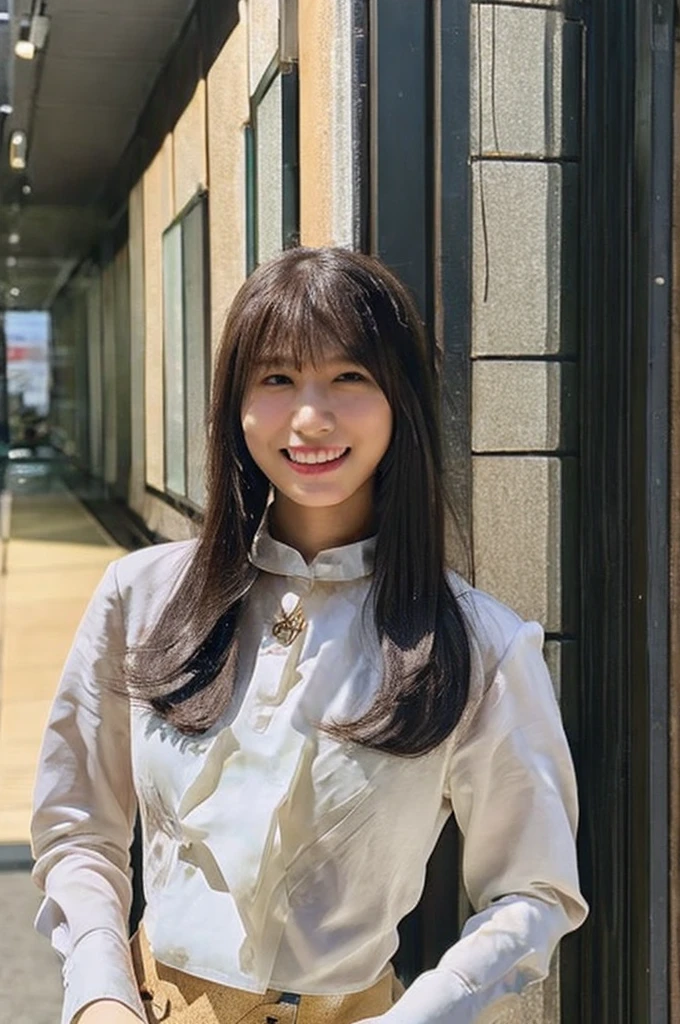 Rooftop of university building, 4th year university student, ((full body)), ((photo)), ((best qualtiy, 8K, tmasterpiece:1.3)), Focus:1.2, perfect figure beautiful girl:1.4, 1girl, cowboy shot, look at viewer, eyes facing the camera, incredibly absurd, beautiful and cute girl with a photorealistic face, showcasing top-quality craftsmanship, A Japanese girl watching the sunset on the roof of a university building, 19 years old, long, straight, silky black hair, fair skin, big eyes, thin eyebrows, double eyelids, long eyelashes, pink lips, smile, devilish smile, gorgeous features, well-defined facial features, beautiful face line, mysterious beauty, slender, tall, well-balanced proportions, large E-cup breasts, white shirt, tight black skirt, beige pumps, gold necklace and bracelet, small earrings, elegant ring, pretty girl, beauty, devilish type, pretty older sister, passionate about art, sociable, friendly, positive, has leadership skills, is proactive, is flexible, gets things done efficiently, works hard towards dreams and goals, March