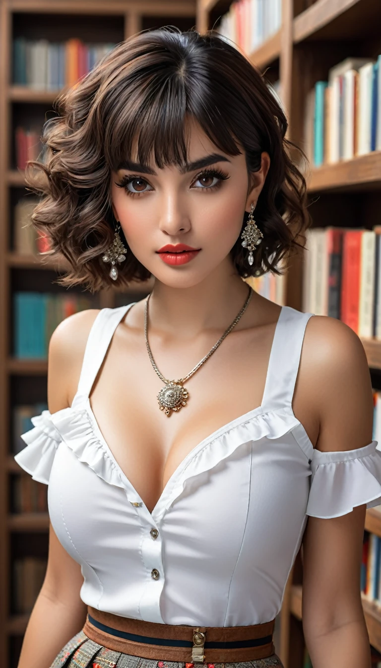 (((beautiful beautiful Isabela Merced, posing for uploadss, looking sexy, ruffled lips, Cabelo curto e curly, extremely pretty eyes))), ((wearing floral silver necklace)), realistic uploadsgraph, highy detailed, Foco do pointed, (Main lighting), (indoor bookstore environment), artwork, extremely pretty, Perfect beauty, (perfect shape body, Broad Hips, small waist, thick-thighs, firm abs, Body cute, knees, knees, focus on the knees, breasts small), cabelo curto com franja, short hair with bangs covering the forehead, cabelo curto com franja ((((short hair with bangs covering the forehead)))), ((30 years old)), (extremely detaild 8k wallpaper), ((face detailed)), (((wearing white shirt, saia curta de tweed, knees, knees, stitched nylons, Strad sandals)), (long dark eyelashes), (((earrings))), ((())), (((seen from behind))), (looking at the camera), ((())), (glamor model), (seductive facial expression) (((standing between high shelves full of books))), extremely detaild, artwork, Intricate details, highy detailed, Foco do pointed, skin detailed, realistic skin texture, texture, detailedeyes, high resolution, kodak vision color, uploads_\(ultra\), Post-processing, maximum detail, roughness, real-life, ultra realistic, uploadsrealism, uploadsgraphy, absurderes, RAW uploads, highest quallity, high detail RAW color uploads, professional uploads, extremely detaild UHD 8k wallpaper unit, best quality, high resolution, (artwork, maximum quality, high resolution:1.4), uploads, cinematic, film grain, pointed, soft natural light, magic uploadsgraphy, super verbose, ((whole body: legs 1.3)), librarian glasses, nerd glasses, ((pleated miniskirt: miniskirt 1.3)), unbuttoned blouse with cleavage, bellybutton, navel, cleavage