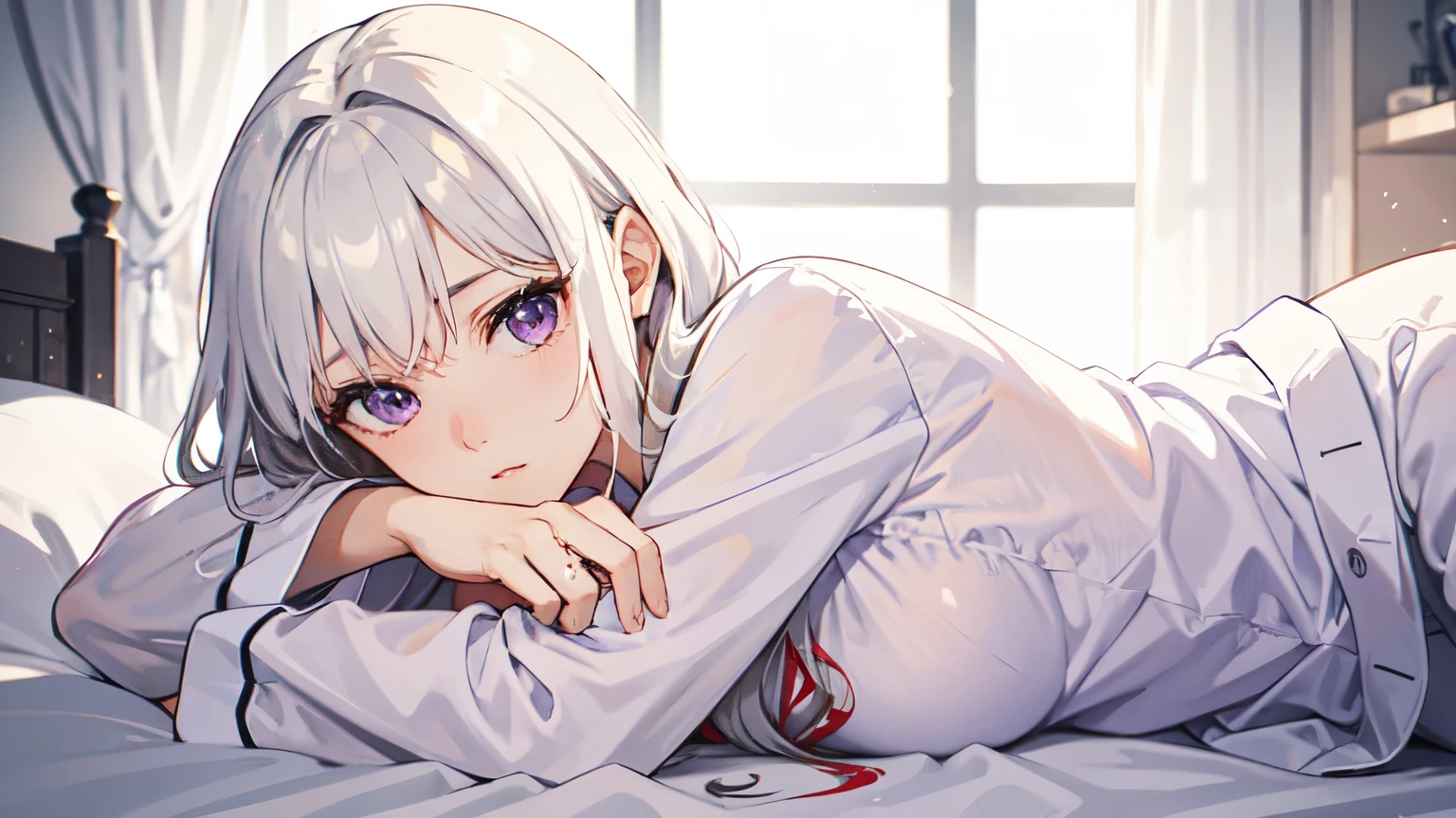 ((best quality)), ((masterpiece)), (detailed), 1girl, sexly,White Hair,Purple Eyes,beautiful girl,In pajamas,Just woke up this morning