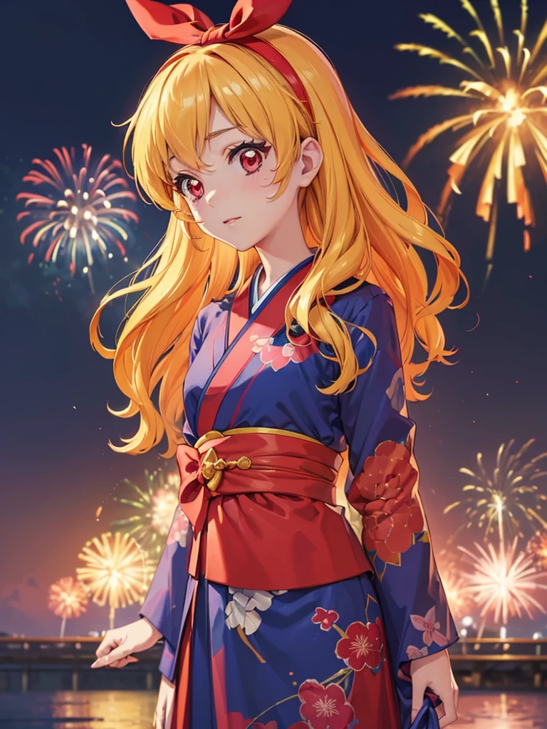 (masterpiece, best quality, highly detailed, ultra detailed, high resolution, absurdres, 4K, 8K:1.2), (official art, incredibly fine illustration, extremely detailed CG, detailed background, cinematic lighting, dynamic angle, perfect hands, detailed shiny skin, detailed hair, detailed eyes)(extremely awesome detailed pretty face,beauty face)(extremely detailed)(Three-dimensional depiction)
BREAK,(RED Ribbon on HAIRband:1.2),aikatsu,hosimiya ichigo,anime girl in kimono standing in front of fireworks, 1girl, fireworks, solo, japanese clothes, Blonde hair, , kimono, RED eyes, looking at viewer