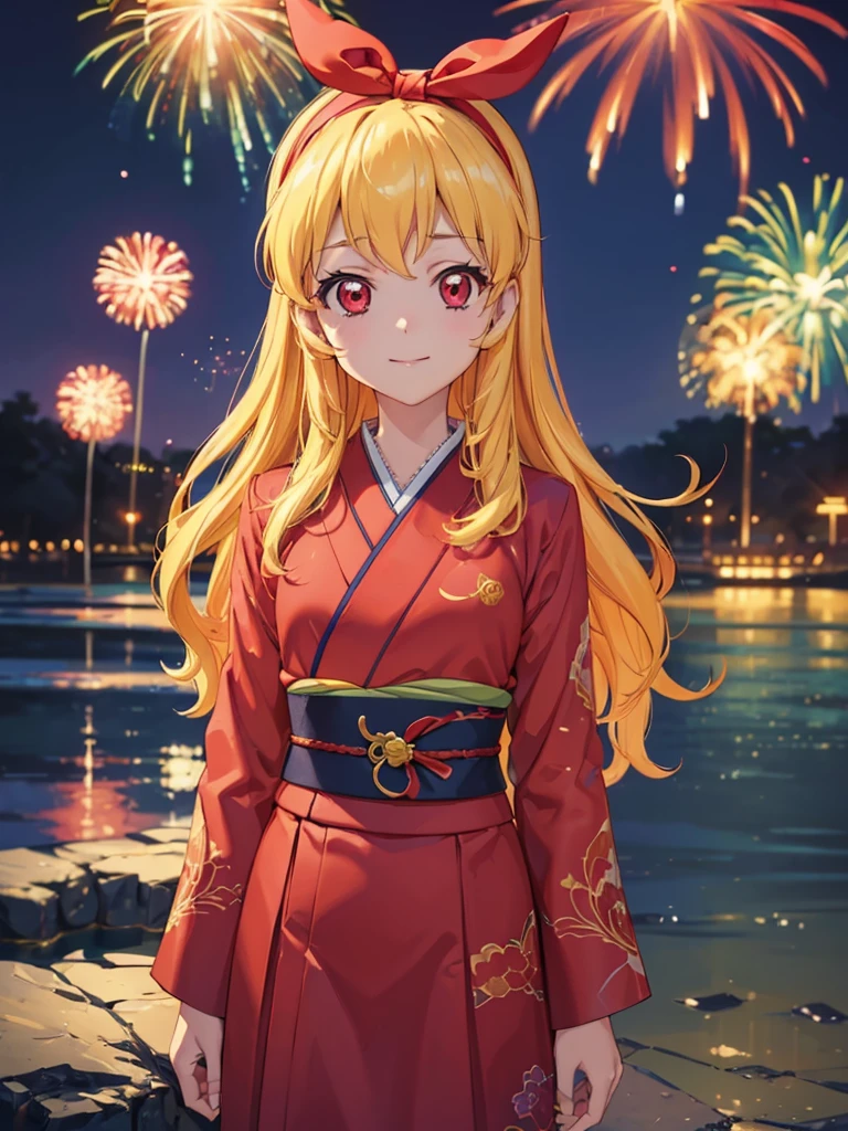 (masterpiece, best quality, highly detailed, ultra detailed, high resolution, absurdres, 4K, 8K:1.2), (official art, incredibly fine illustration, extremely detailed CG, detailed background, cinematic lighting, dynamic angle, perfect hands, detailed shiny skin, detailed hair, detailed eyes)(extremely awesome detailed pretty face,beauty face)(extremely detailed)(Three-dimensional depiction)
BREAK,(RED Ribbon on HAIRband:1.2),aikatsu,hosimiya ichigo,anime girl in kimono standing in front of fireworks, 1girl, fireworks, solo, japanese clothes, Blonde hair, , kimono, RED eyes, looking at viewer