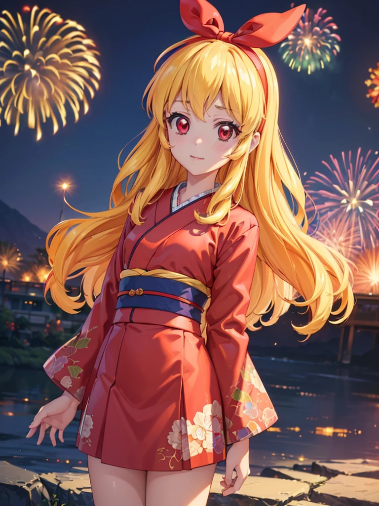 (masterpiece, best quality, highly detailed, ultra detailed, high resolution, absurdres, 4K, 8K:1.2), (official art, incredibly fine illustration, extremely detailed CG, detailed background, cinematic lighting, dynamic angle, perfect hands, detailed shiny skin, detailed hair, detailed eyes)(extremely awesome detailed pretty face,beauty face)(extremely detailed)(Three-dimensional depiction)
BREAK,(RED Ribbon on HAIRband:1.2),aikatsu,hosimiya ichigo,anime girl in kimono standing in front of fireworks, 1girl, fireworks, solo, japanese clothes, Blonde hair, , kimono, RED eyes, looking at viewer