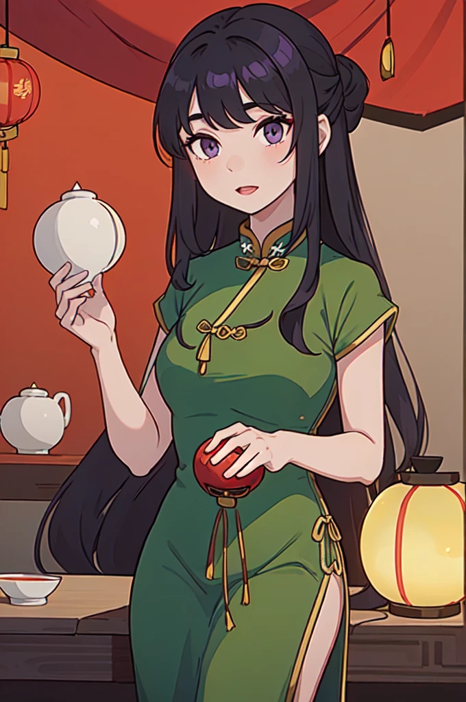 ( Best Quality, ancient china, A girl, opaque green chinese long dress), long hair tied in two tomatoes, black hair, green eyes