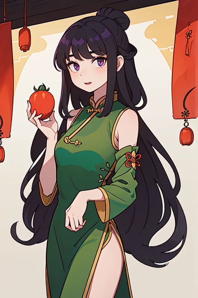 ( Best Quality, ancient china, A girl, opaque green chinese long dress), long hair tied in two tomatoes, black hair, purple eyes
