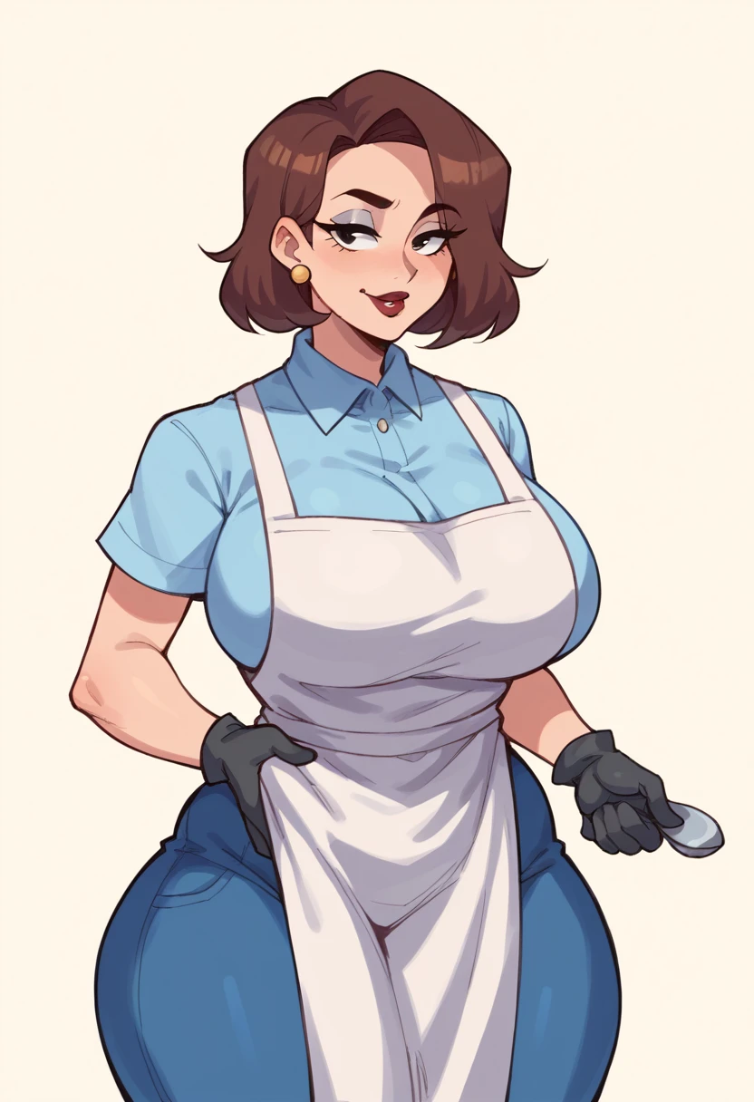score_9, score_8_up, score_7_up, BREAK, 1girl, solo, breasts, dextersmom, makeup, jewelry, gloves, shirt, apron, upper body, portrait, mature female, simple background, thick thighs, wide hips, big ass, showing buttcrack slightly, showing big butt,