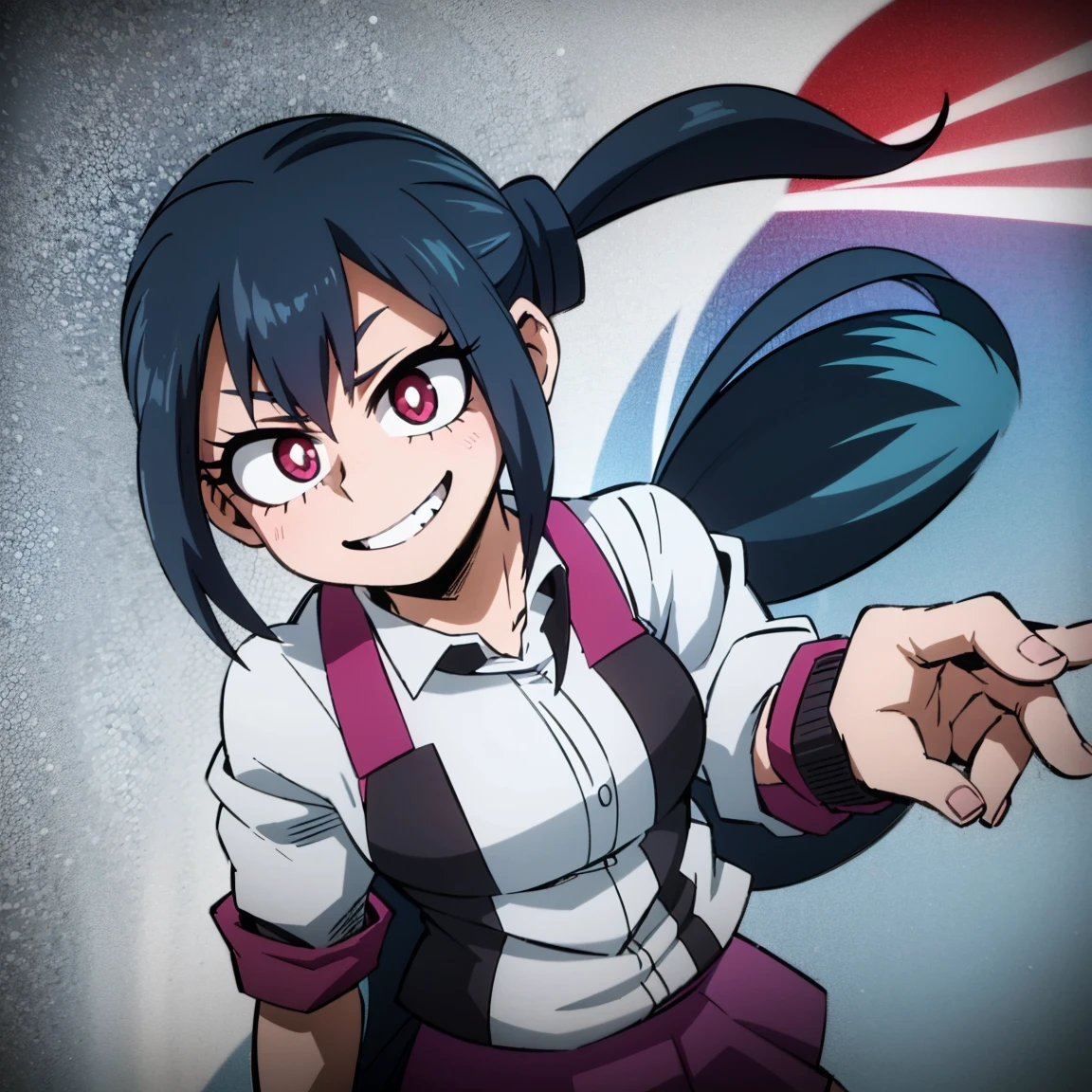 1girl, solo, fair skin, smile, big chest, long ponytail hair, blue hair, dark blue streaked hair, multicolored hair, two-tone hair, pink eyes, blue eyeshadow, gray jacket, red tie, white shirt, teal skirt, u.a, UA uniform, Kohei Horikoshi, My Hero Academia