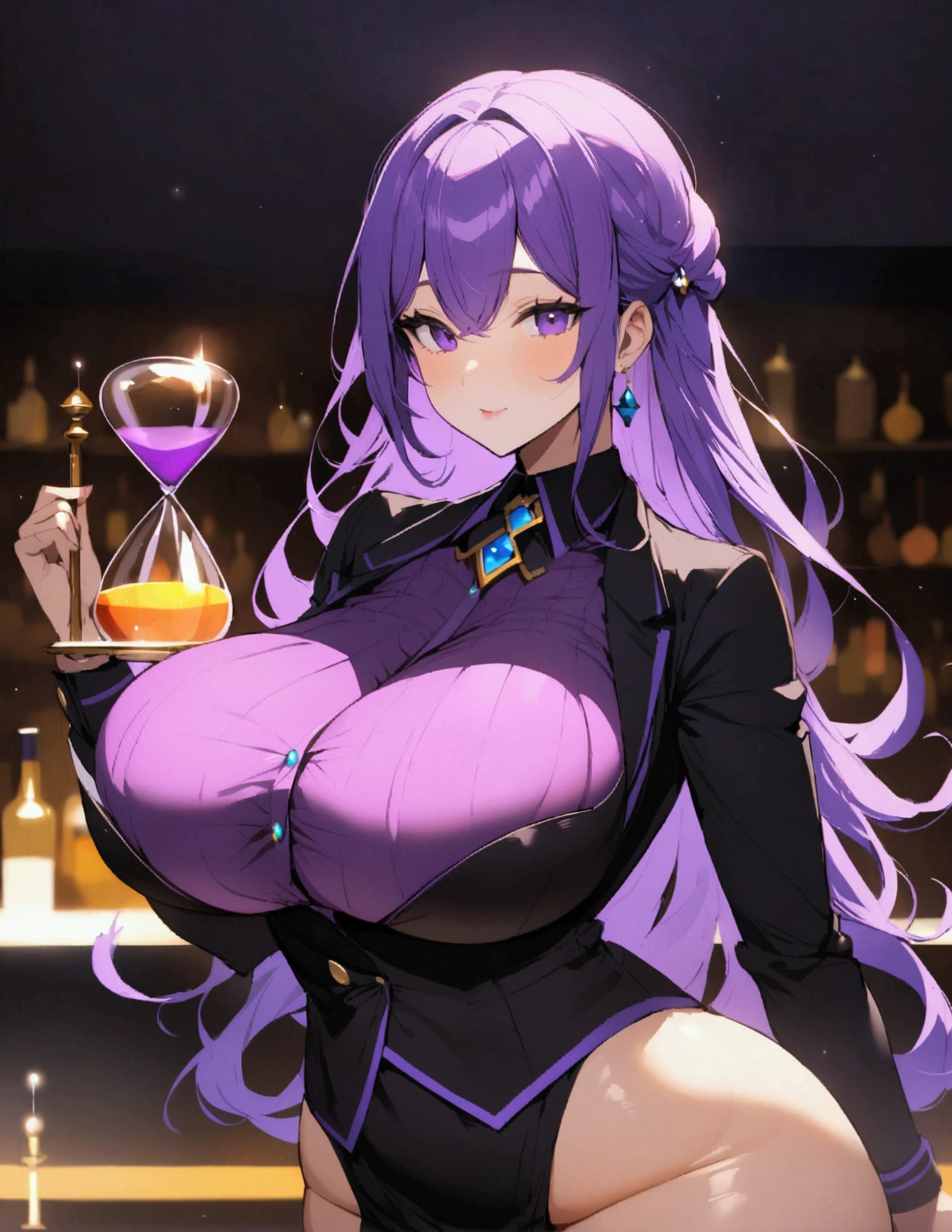 A bartender with long purple hair, with a curvy and voluptuous figure with an hourglass figure