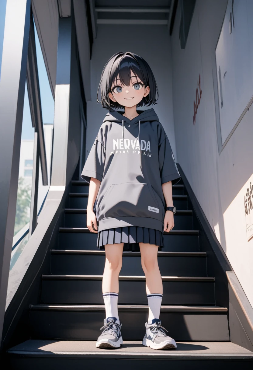 (8K, best quality, master piece: 1.2),Ultra High Resolution,11 year old beautiful girl,ultra-detailed face, detailed eyes,Tsurime Eyes,(smirk),dark gray short sleeve Hip Length hoodie(dark gray:1.4), (Written on hoodie text:"NEVADA":1.5),navy pleated skirt,white socks,sneakers,full body,black hair,short hair,(holding a Cutter knife)、(standing straight on the stairs of the apartment complex),solo,Japan Park