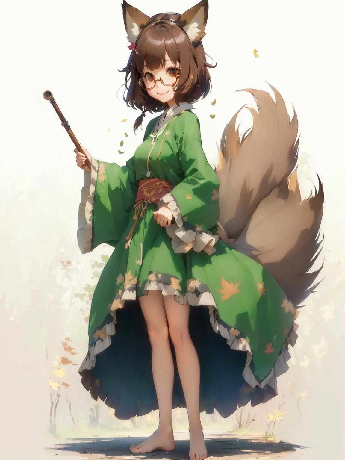 1girl, animal ears, barefoot, branch, breasts, brown eyes, brown hair, feet, futatsuiwa mamizou, glasses, grass, kiseru, leaf, leaf on head, long sleeves, looking at viewer, pince-nez, pipe, plant, raccoon ears, raccoon tail, short hair, sitting, skirt, smile, solo, tail, tree, tree stump