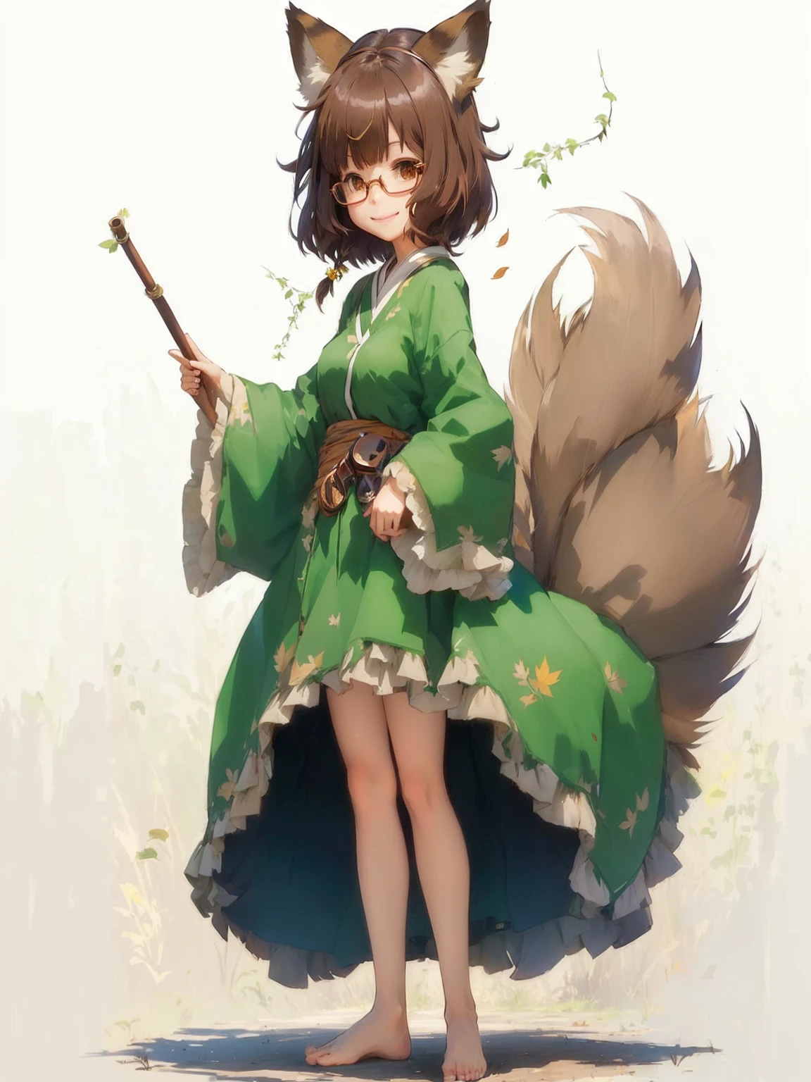 1girl, animal ears, barefoot, branch, breasts, brown eyes, brown hair, feet, futatsuiwa mamizou, glasses, grass, kiseru, leaf, leaf on head, long sleeves, looking at viewer, pince-nez, pipe, plant, raccoon ears, raccoon tail, short hair, sitting, skirt, smile, solo, tail, tree, tree stump