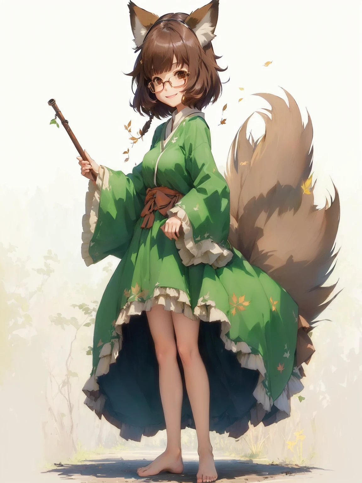 1girl, animal ears, barefoot, branch, breasts, brown eyes, brown hair, feet, futatsuiwa mamizou, glasses, grass, kiseru, leaf, leaf on head, long sleeves, looking at viewer, pince-nez, pipe, plant, raccoon ears, raccoon tail, short hair, sitting, skirt, smile, solo, tail, tree, tree stump