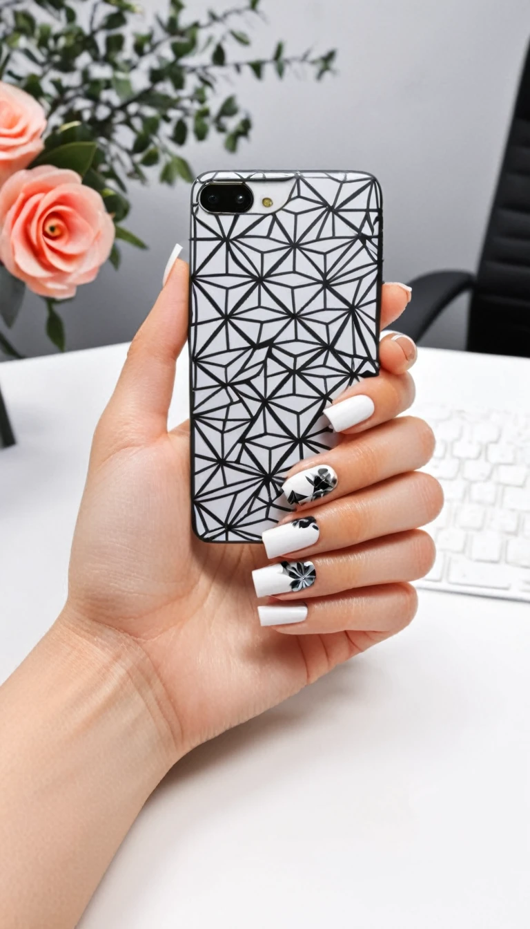 a cinematic , realistic woman's hand holding a sleek smartphone, with modern geometric floral nail art. The nails are painted in black and white, with geometric shapes like triangles and squares incorporated into delicate floral designs. The background is a sleek, minimalist office space with clean lines and modern décor, contrasting with the bold nail art.