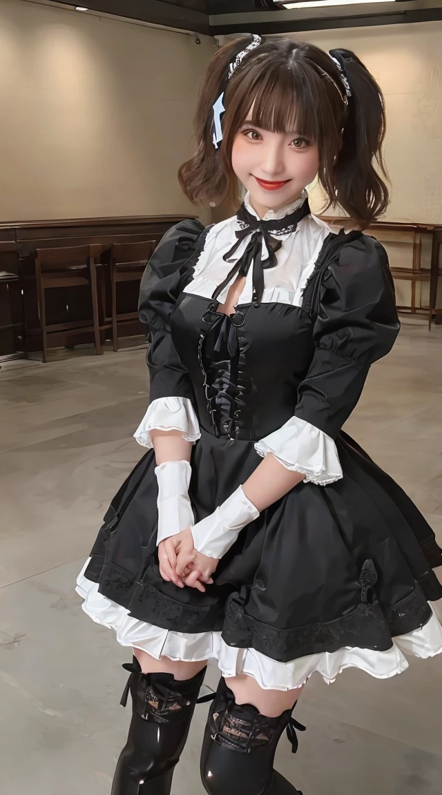 (((Top quality ultra detail,Unity 8K)))Twin tails(Gothic Lolita:1.2),Lace-up boots,Smile,whole body,A Japanese-style cafe,large breasts,tights