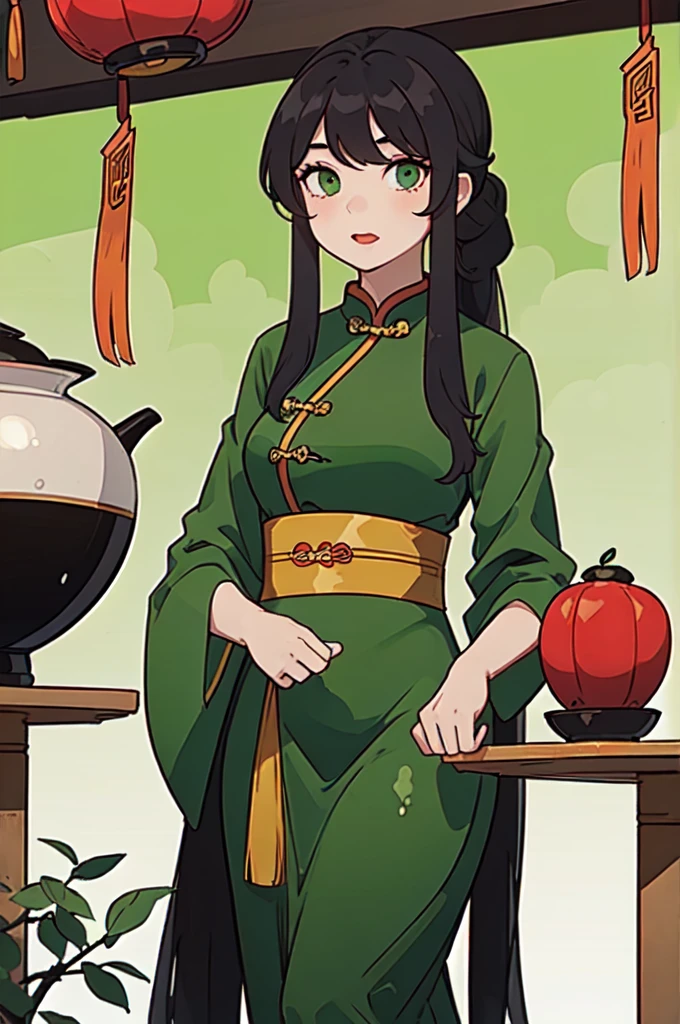 ( Best Quality, ancient china, A girl, opaque green chinese long dress), long hair tied in two tomatoes, black hair, green eyes
