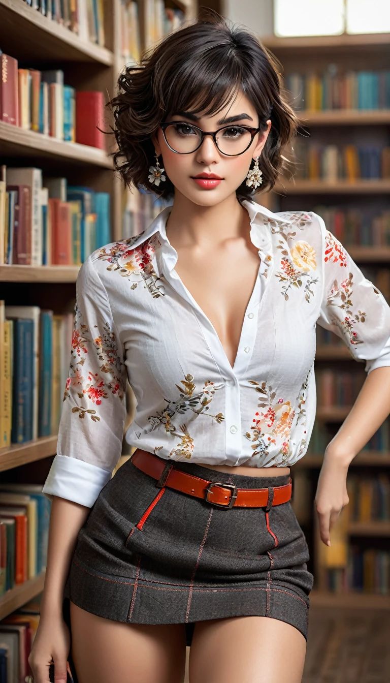 (((beautiful beautiful Isabela Merced, posing for uploadss, looking sexy, ruffled lips, Cabelo curto e curly, extremely pretty eyes))), ((wearing floral silver necklace)), realistic uploadsgraph, highy detailed, Foco do pointed, (Main lighting), (indoor bookstore environment), artwork, extremely pretty, Perfect beauty, (perfect shape body, Broad Hips, small waist, thick-thighs, firm abs, Body cute, knees, knees, focus on the knees, breasts small), cabelo curto com franja, short hair with bangs covering the forehead, cabelo curto com franja ((((short hair with bangs covering the forehead)))), ((30 years old)), (extremely detaild 8k wallpaper), ((face detailed)), (((wearing white shirt, saia curta de tweed, knees, knees, stitched nylons, Strad sandals)), (long dark eyelashes), (((earrings))), ((())), (((seen from behind))), (looking at the camera), ((())), (glamor model), (seductive facial expression) (((standing between high shelves full of books))), extremely detaild, artwork, Intricate details, highy detailed, Foco do pointed, skin detailed, realistic skin texture, texture, detailedeyes, high resolution, kodak vision color, uploads_\(ultra\), Post-processing, maximum detail, roughness, real-life, ultra realistic, uploadsrealism, uploadsgraphy, absurderes, RAW uploads, highest quallity, high detail RAW color uploads, professional uploads, extremely detaild UHD 8k wallpaper unit, best quality, high resolution, (artwork, maximum quality, high resolution:1.4), uploads, cinematic, film grain, pointed, soft natural light, magic uploadsgraphy, super verbose, ((whole body: legs 1.3)), librarian glasses, nerd glasses, ((pleated miniskirt: miniskirt 1.3)), unbuttoned blouse with cleavage, bellybutton, navel, cleavage