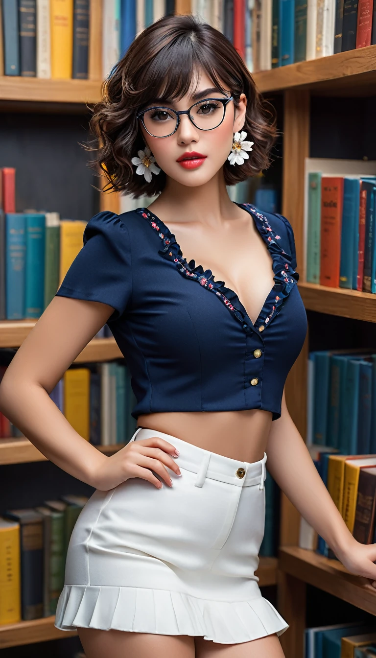 (((beautiful beautiful Isabela Merced, posing for uploadss, looking sexy, ruffled lips, Cabelo curto e curly, extremely pretty eyes))), ((wearing floral silver necklace)), realistic uploadsgraph, highy detailed, Foco do pointed, (Main lighting), (indoor bookstore environment), artwork, extremely pretty, Perfect beauty, (perfect shape body, Broad Hips, small waist, thick-thighs, firm abs, Body cute, knees, knees, focus on the knees, breasts small), cabelo curto com franja, short hair with bangs covering the forehead, cabelo curto com franja ((((short hair with bangs covering the forehead)))), ((30 years old)), (extremely detaild 8k wallpaper), ((face detailed)), (((wearing white shirt, saia curta de tweed, knees, knees, stitched nylons, Strad sandals)), (long dark eyelashes), (((earrings))), ((())), (((seen from behind))), (looking at the camera), ((())), (glamor model), (seductive facial expression) (((standing between high shelves full of books))), extremely detaild, artwork, Intricate details, highy detailed, Foco do pointed, skin detailed, realistic skin texture, texture, detailedeyes, high resolution, kodak vision color, uploads_\(ultra\), Post-processing, maximum detail, roughness, real-life, ultra realistic, uploadsrealism, uploadsgraphy, absurderes, RAW uploads, highest quallity, high detail RAW color uploads, professional uploads, extremely detaild UHD 8k wallpaper unit, best quality, high resolution, (artwork, maximum quality, high resolution:1.4), uploads, cinematic, film grain, pointed, soft natural light, magic uploadsgraphy, super verbose, ((whole body: legs 1.3)), librarian glasses, nerd glasses, ((pleated miniskirt: miniskirt 1.3)), unbuttoned blouse with cleavage, bellybutton, navel, cleavage