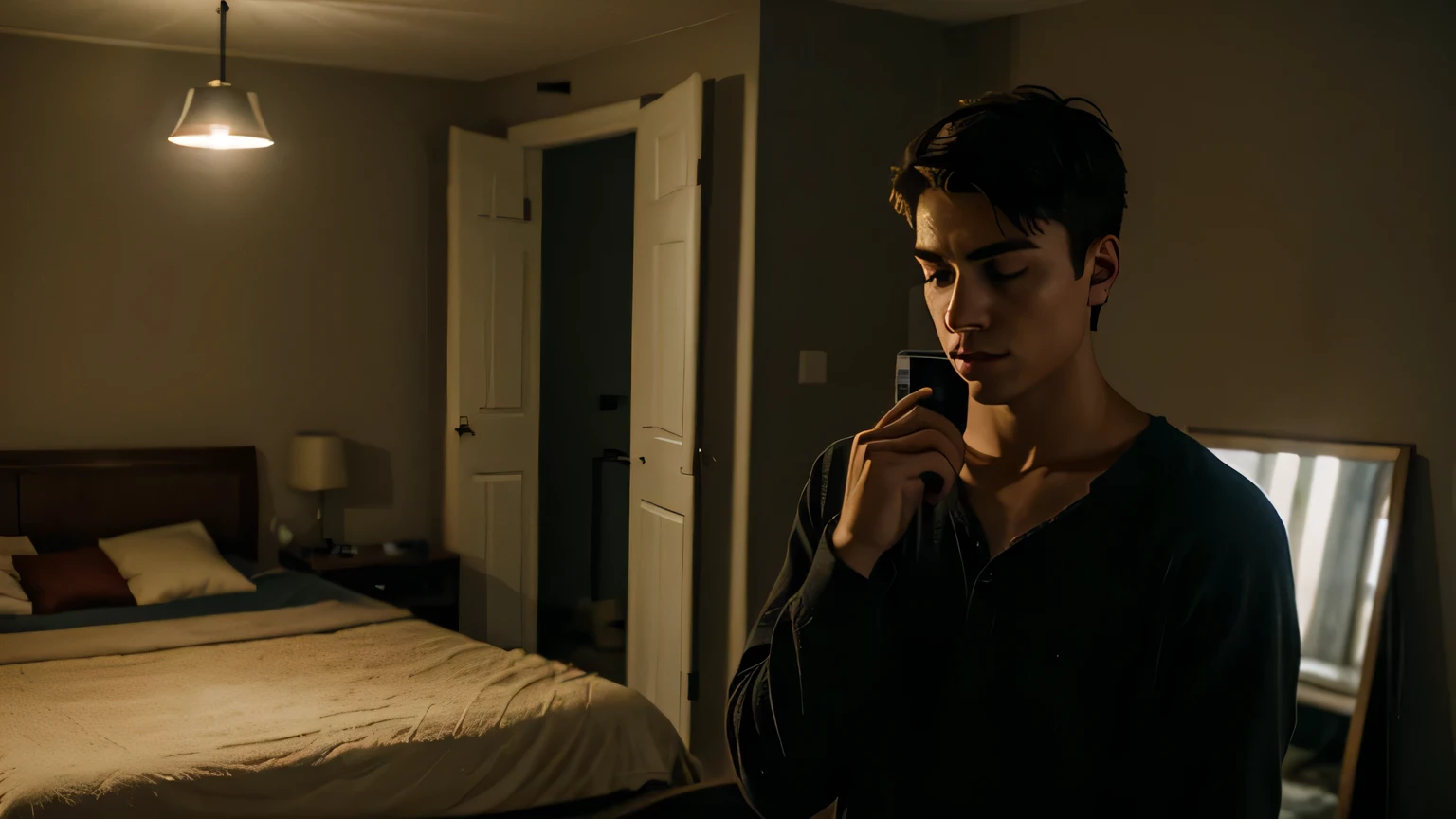 Young man using his cell phone with a tired and sad face, the camera is a little far from the young man and shows the room environment.