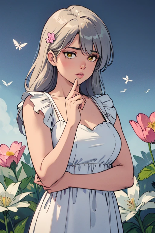 detailed, realism, 4K, ****************, 顔のdetailed, Big yellow eyes, Fuller lips, nose pointed upwards, Grey hair with pink strands, Wearing a white dress, Rabbit in hand, Background Flowers, white butterfly in the foreground, Realistic shooting, Depth of written boundary, Soft front light, Shine, High resolution (Calm colors: 1.2), Canon RF 100mm F2.8L Macro ISUSM