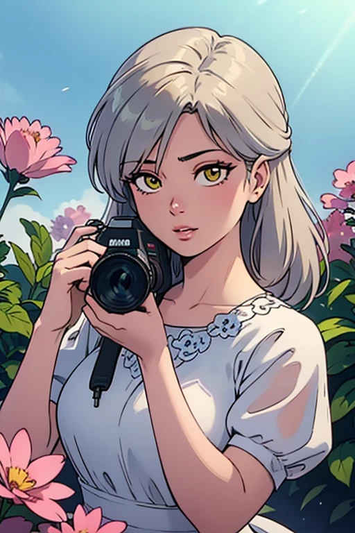 detailed, realism, 4K, ****************, 顔のdetailed, Big yellow eyes, Fuller lips, nose pointed upwards, Grey hair with pink strands, Wearing a white dress, Rabbit in hand, Background Flowers, white butterfly in the foreground, Realistic shooting, Depth of written boundary, Soft front light, Shine, High resolution (Calm colors: 1.2), Canon RF 100mm F2.8L Macro ISUSM