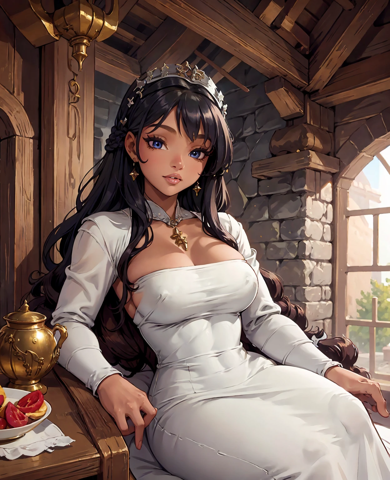 Halle Bailey as maid servant, medieval fantasy, 1girl, detailed face, beautiful eyes, detailed lips, long eyelashes, medieval dress, medieval castle interior, candlelight, warm lighting, ornate decor, high quality, 8k, detailed, photorealistic, cinematic, fantasy art
