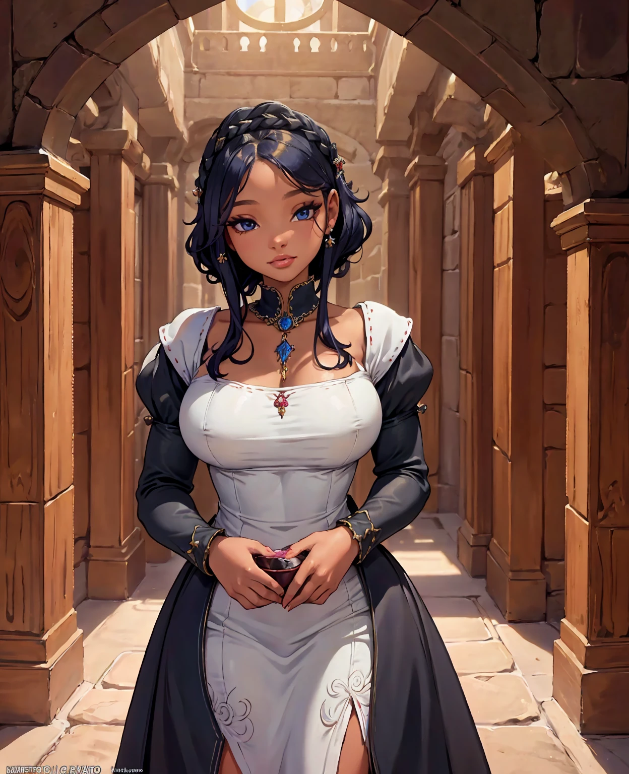 Halle Bailey as maid servant, medieval fantasy, 1girl, detailed face, beautiful eyes, detailed lips, long eyelashes, medieval dress, medieval castle interior, candlelight, warm lighting, ornate decor, high quality, 8k, detailed, photorealistic, cinematic, fantasy art