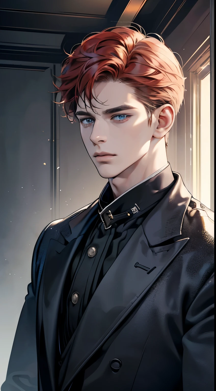 (best quality, masterpiece, 8K, photorealistic, cinematic lighting, 1:4 hdr image, ultra detailed, beautiful image), a mature man, 34 years very handsome, ((cold expression)), short red hair, blue eyes, face perfect without mistakes, ((buttoning his jacket, CEO))