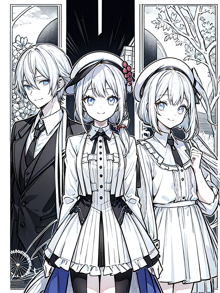 (masutepiece)(high-detail)Men and women in their 20s(white hair、poneyTail、tailcoat、neck tie、Hats、Smile)