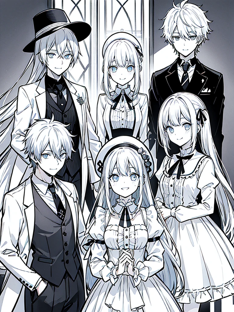 （masutepiece）（high-detail）Men and women in their 20s（white  hair、poneyTail、tailcoat、neck tie、Hats、Smile）
