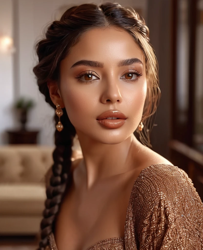 (best quality,4k,highres,masterpiece:1.2),ultra-detailed,(realistic:1.37),(beautiful:1.1) brown-eyed woman with long braid hair and a medium stature, standing gracefully in a well-lit living room. The room is furnished with modern and elegant furniture, giving a luxurious atmosphere. The woman's beautiful face is detailed, with captivating eyes that shine with brown color. Her lips are full and luscious, adding to her sensual appeal. She exudes confidence and elegance as she poses, showcasing her entire body. The lighting in the room highlights her beautiful brown skin, giving it a warm and radiant glow. The overall scene has vivid colors and sharp focus, creating a realistic and photorealistic image, glossy lips, nude, showing