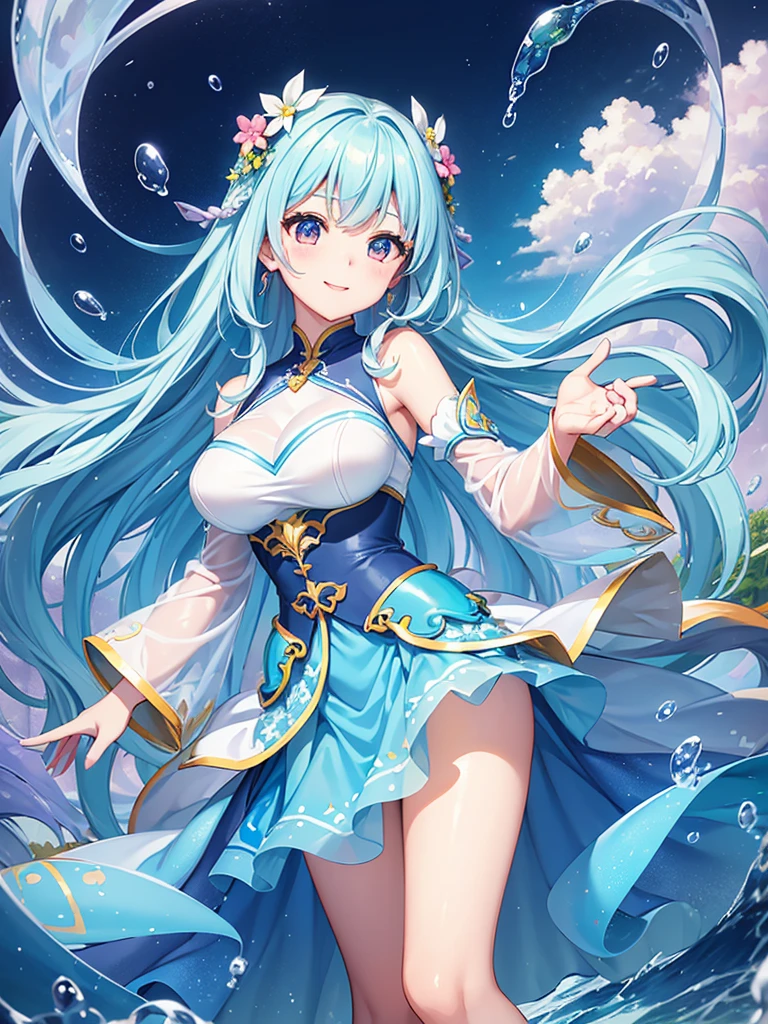 Xingqiu (masterpiece), (Highest quality), (Super detailed),(Light blue long hair),(figure), (One girl), Beautiful fine details,Delicate and beautiful face,smile、Looking up at the rainbow after the rain、Colorful transparent bubbles、floating,(High saturation),(Colorful splashes),