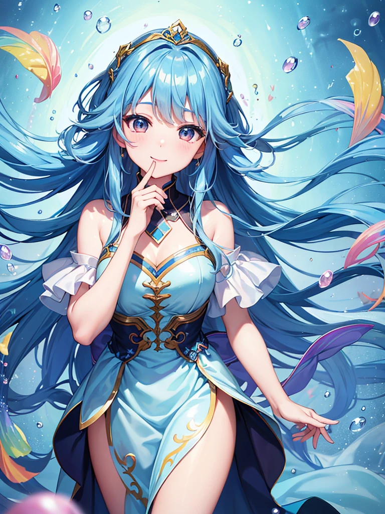 Xingqiu (masterpiece), (Highest quality), (Super detailed),(Light blue long hair),(figure), (One girl), Beautiful fine details,Delicate and beautiful face,smile、Looking up at the rainbow after the rain、Colorful transparent bubbles、floating,(High saturation),(Colorful splashes),