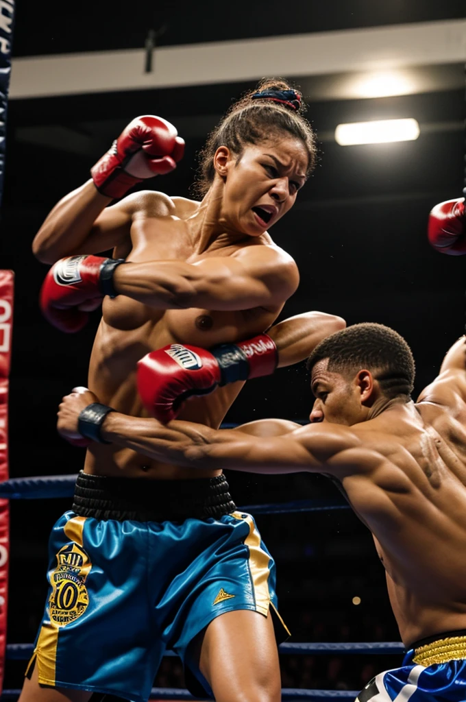 A woman fights a man.